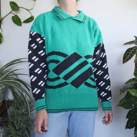 Teal and Black Patterned Collared Sweater - Picture 2 of 9